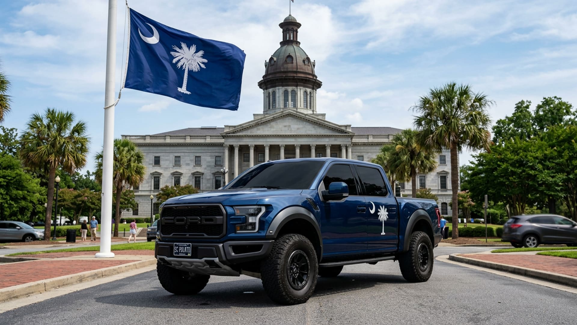 south carolina state flag with a truck with tinted windows