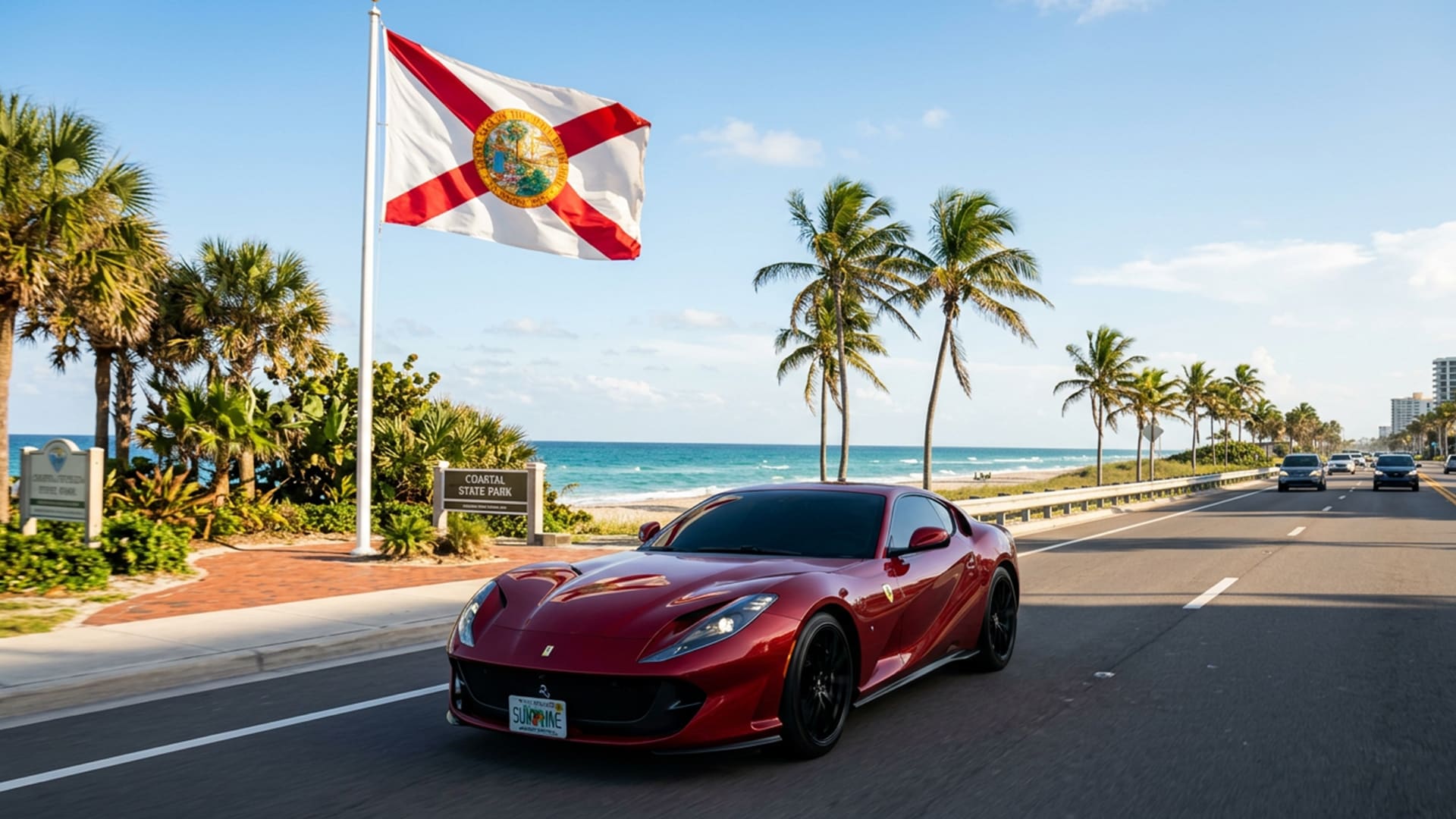 florida state flag with a sports car with tinted windows