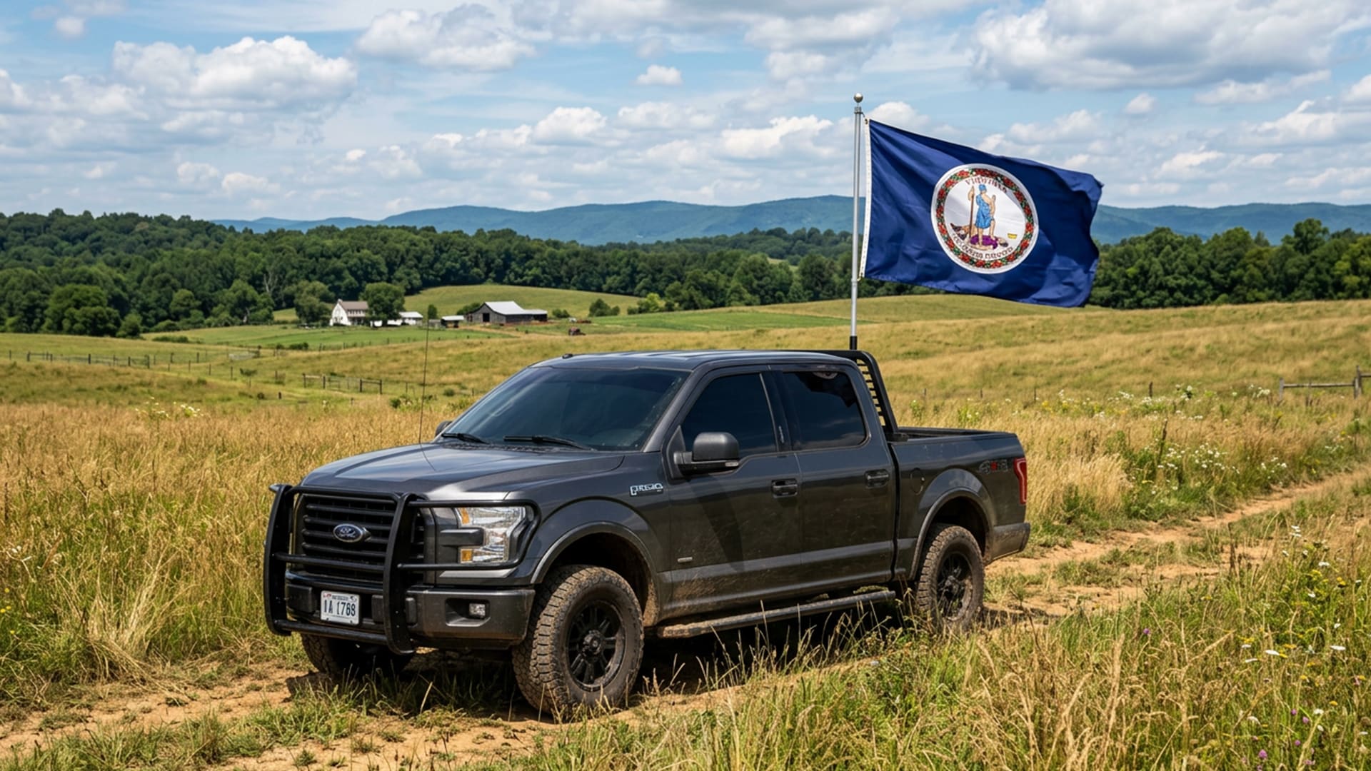 virginia state flag with a truck with tinted windows in a field