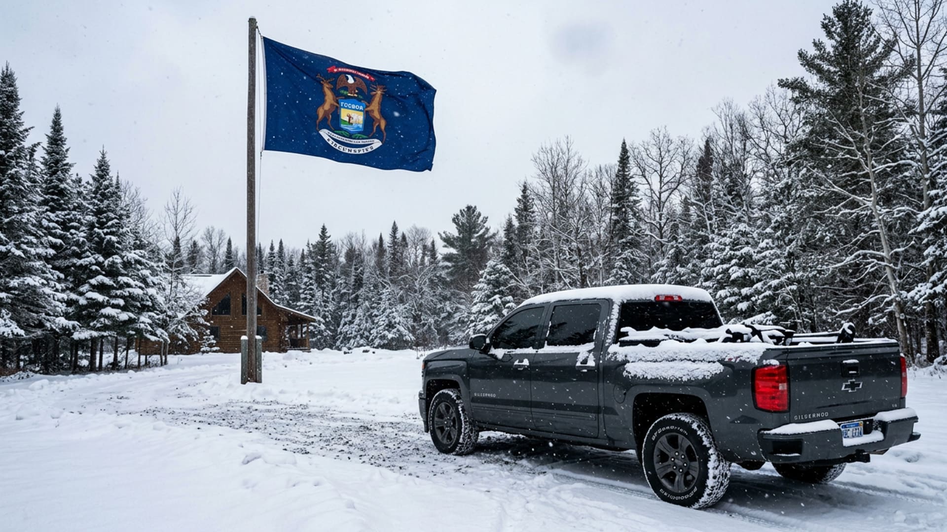 michigan state flag with a truck with tinted windows with snow